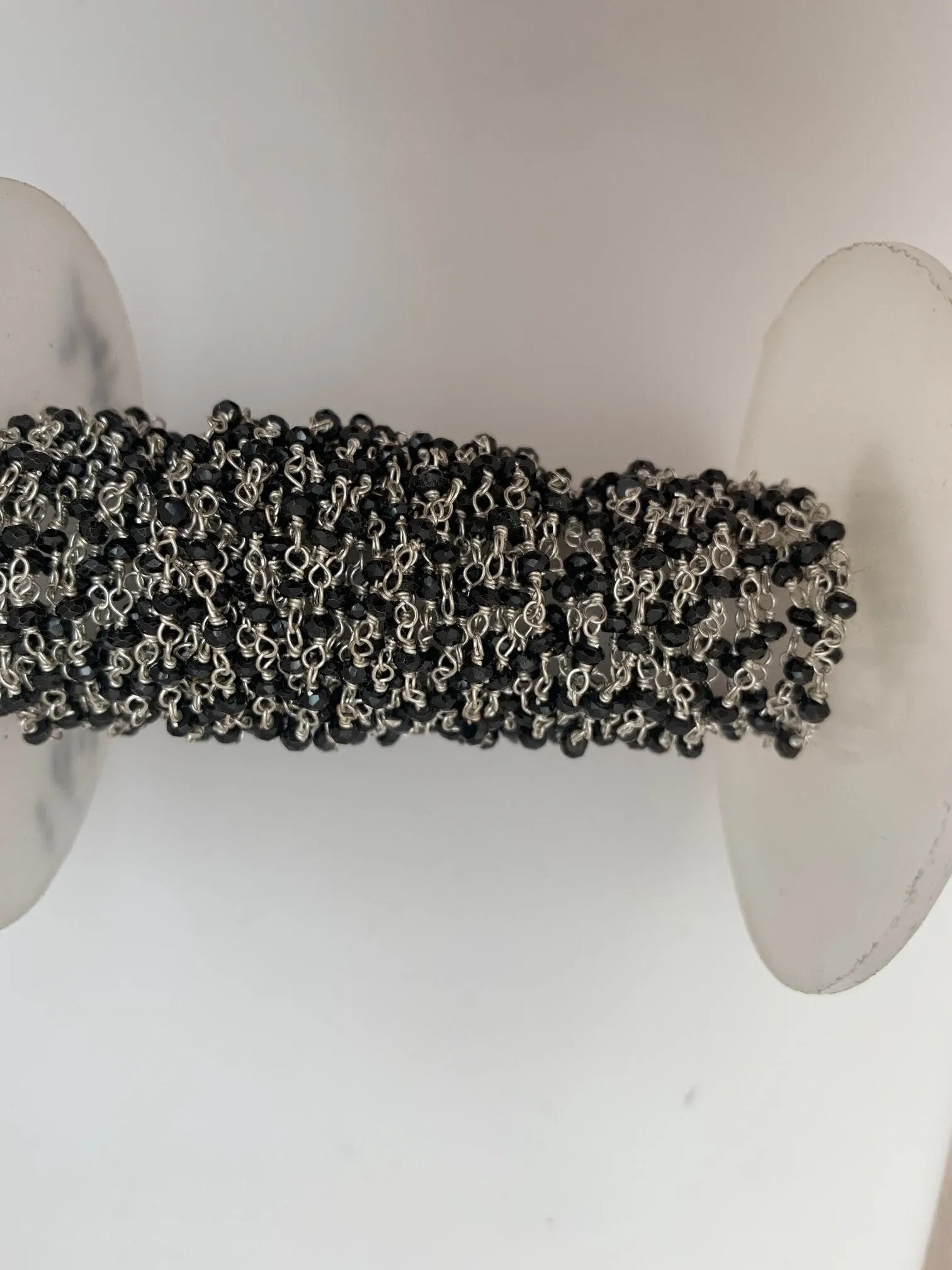 2mm Black Spinel Chain | Natural Beads on Silver Plated Wire | Faceted Beaded Chain | 2mm Black Spinel Beads | 1 Foot