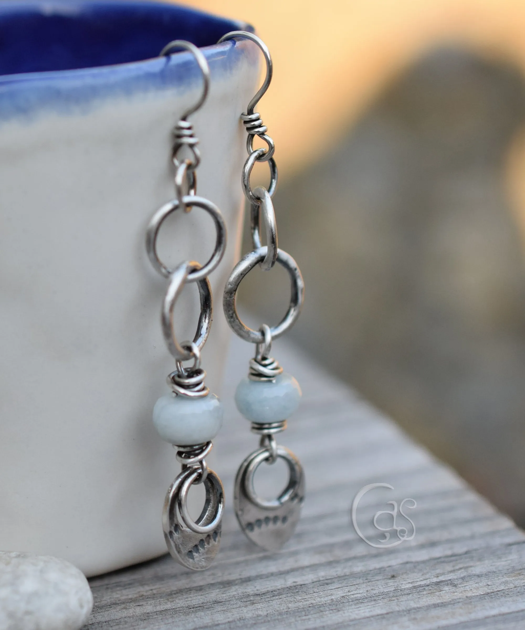 Aquamarine Gemstone Earrings. Long Hoops. Handcrafted Silver Hoop Earrings.