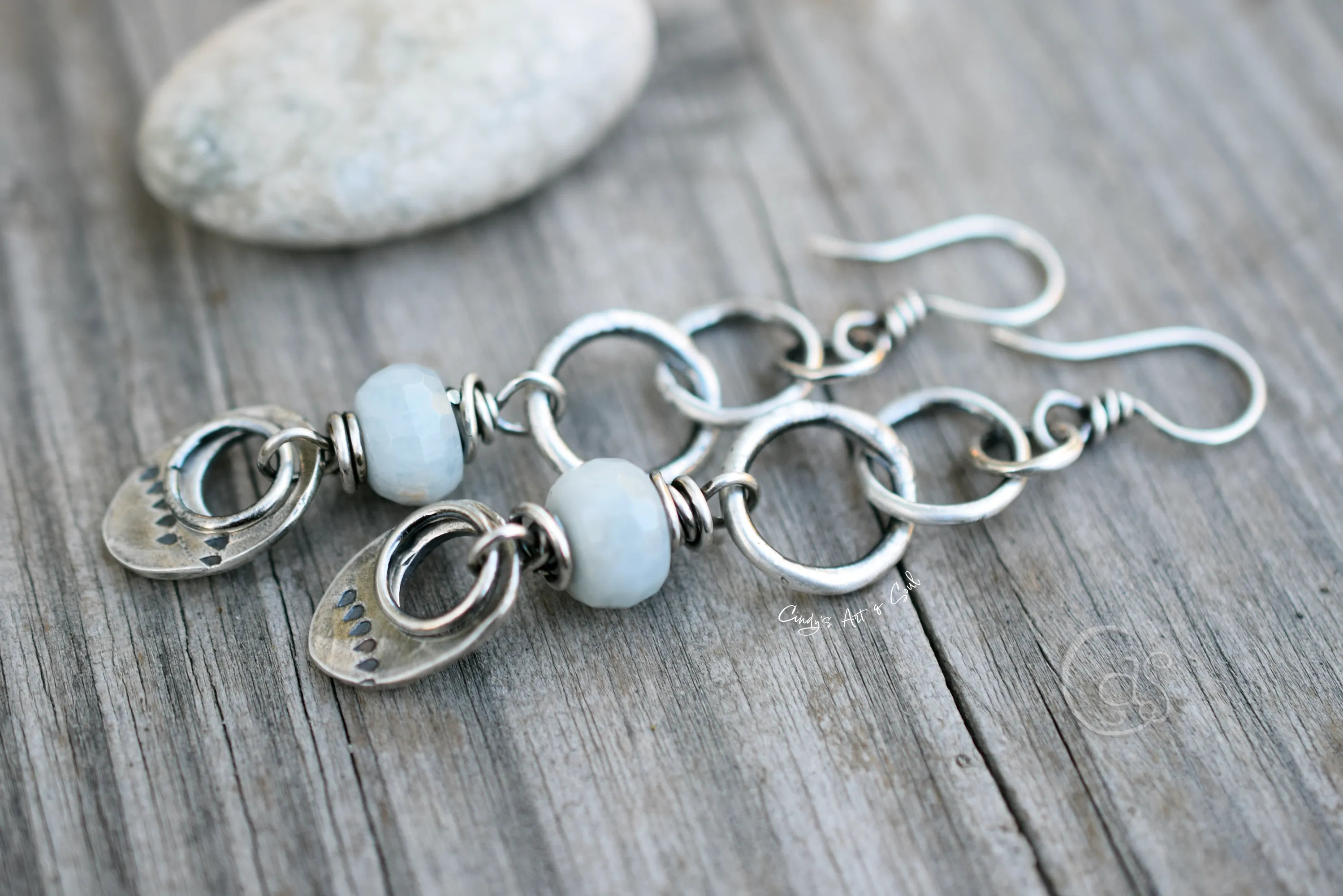 Aquamarine Gemstone Earrings. Long Hoops. Handcrafted Silver Hoop Earrings.