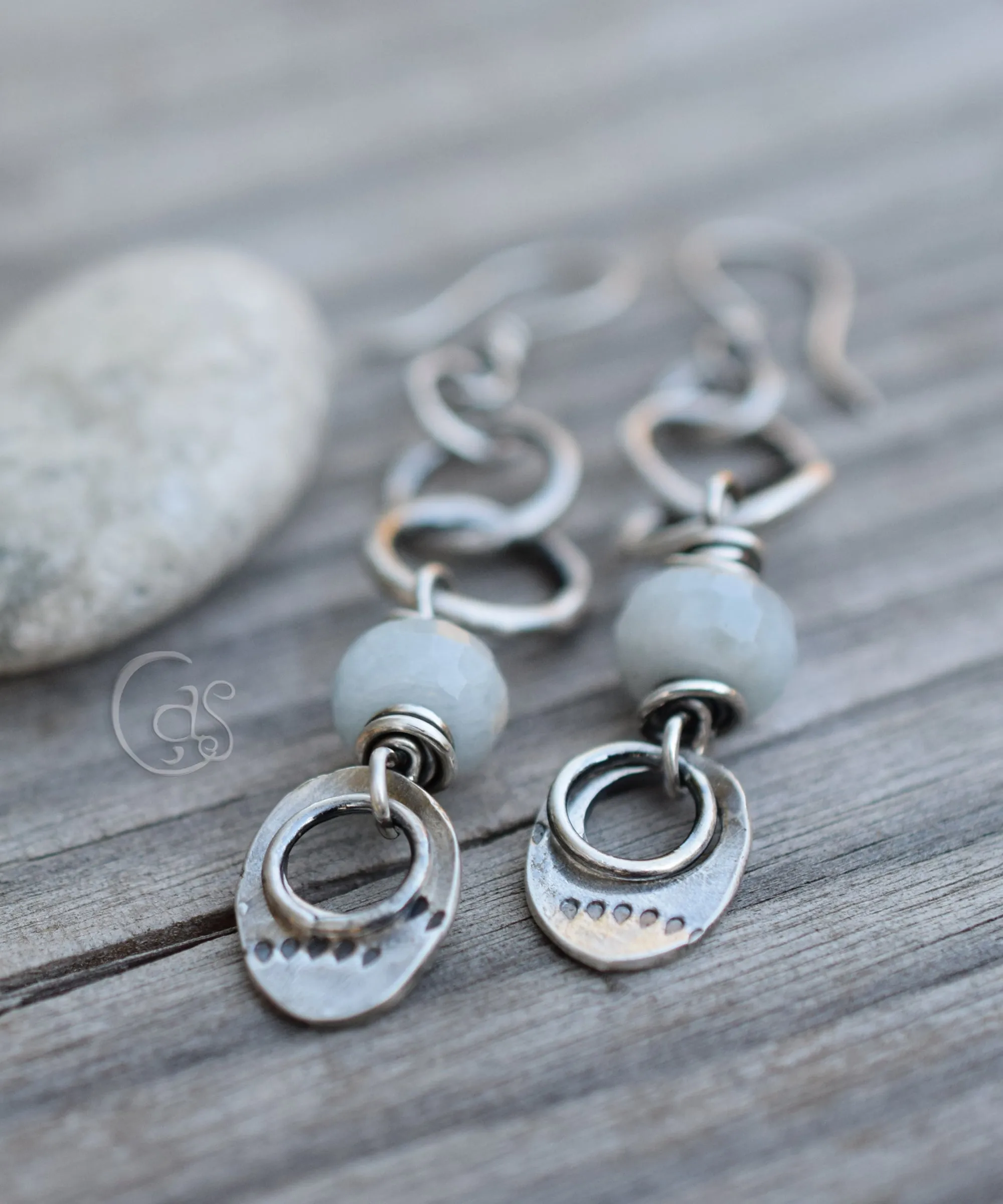 Aquamarine Gemstone Earrings. Long Hoops. Handcrafted Silver Hoop Earrings.