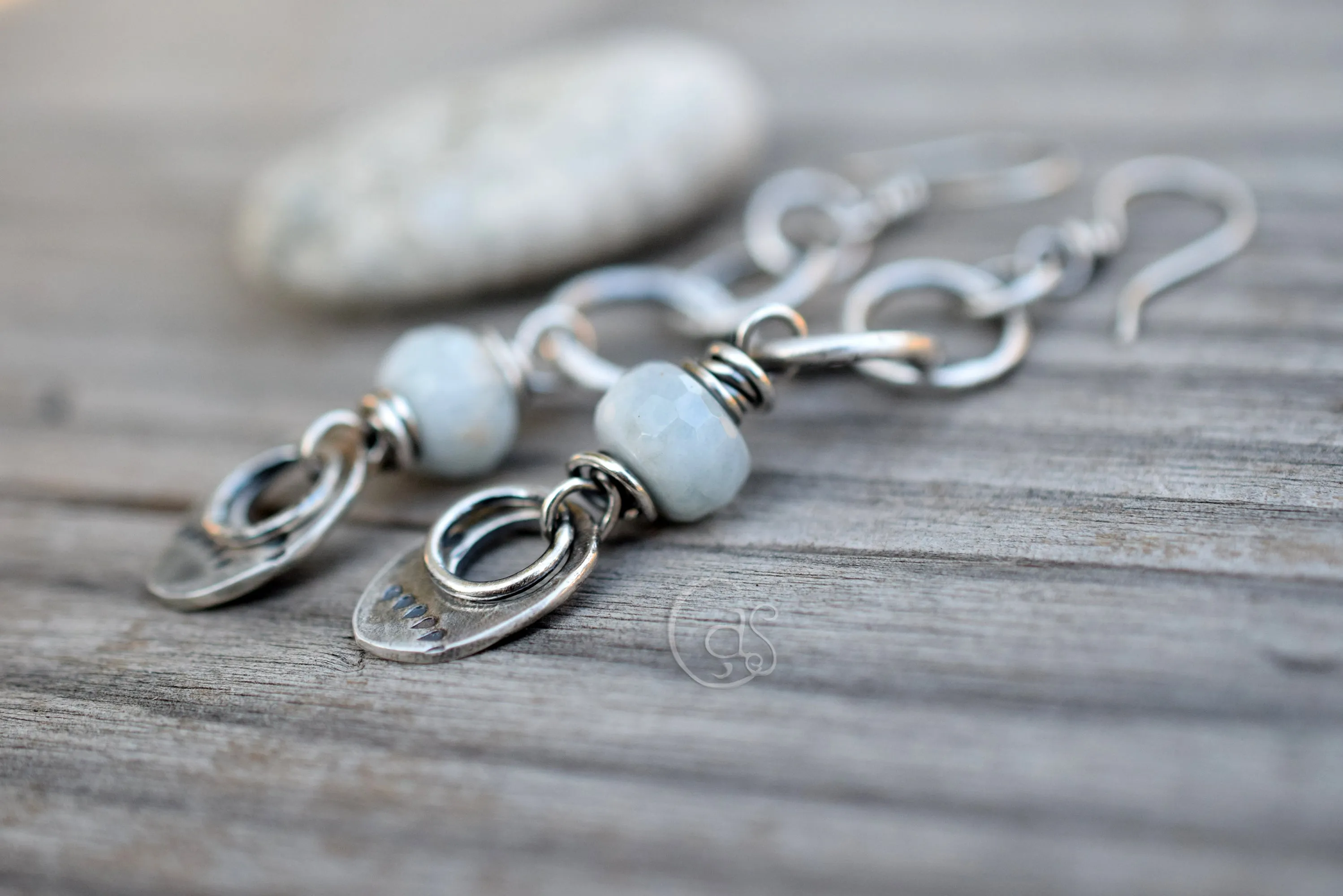 Aquamarine Gemstone Earrings. Long Hoops. Handcrafted Silver Hoop Earrings.