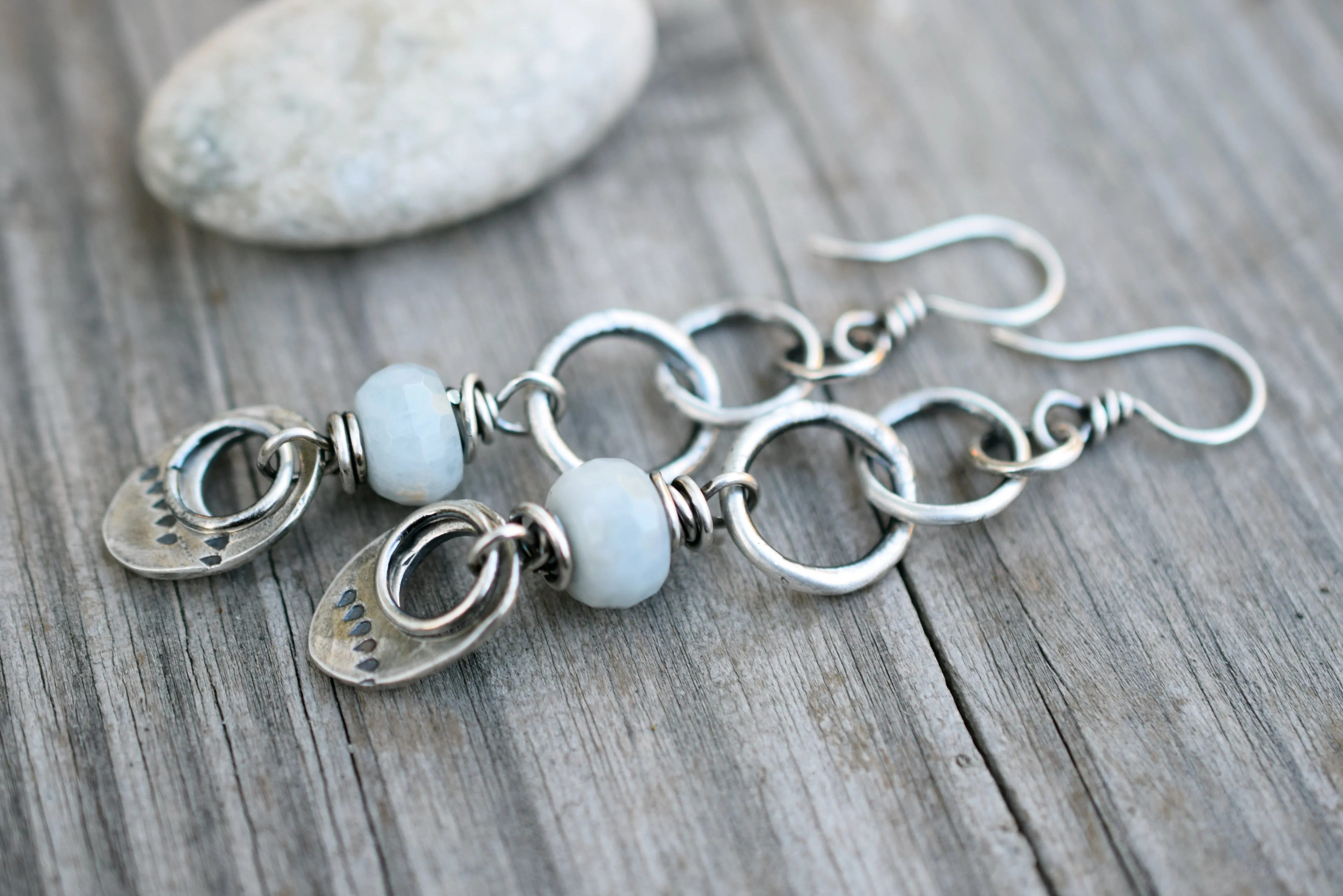 Aquamarine Gemstone Earrings. Long Hoops. Handcrafted Silver Hoop Earrings.