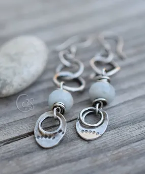 Aquamarine Gemstone Earrings. Long Hoops. Handcrafted Silver Hoop Earrings.