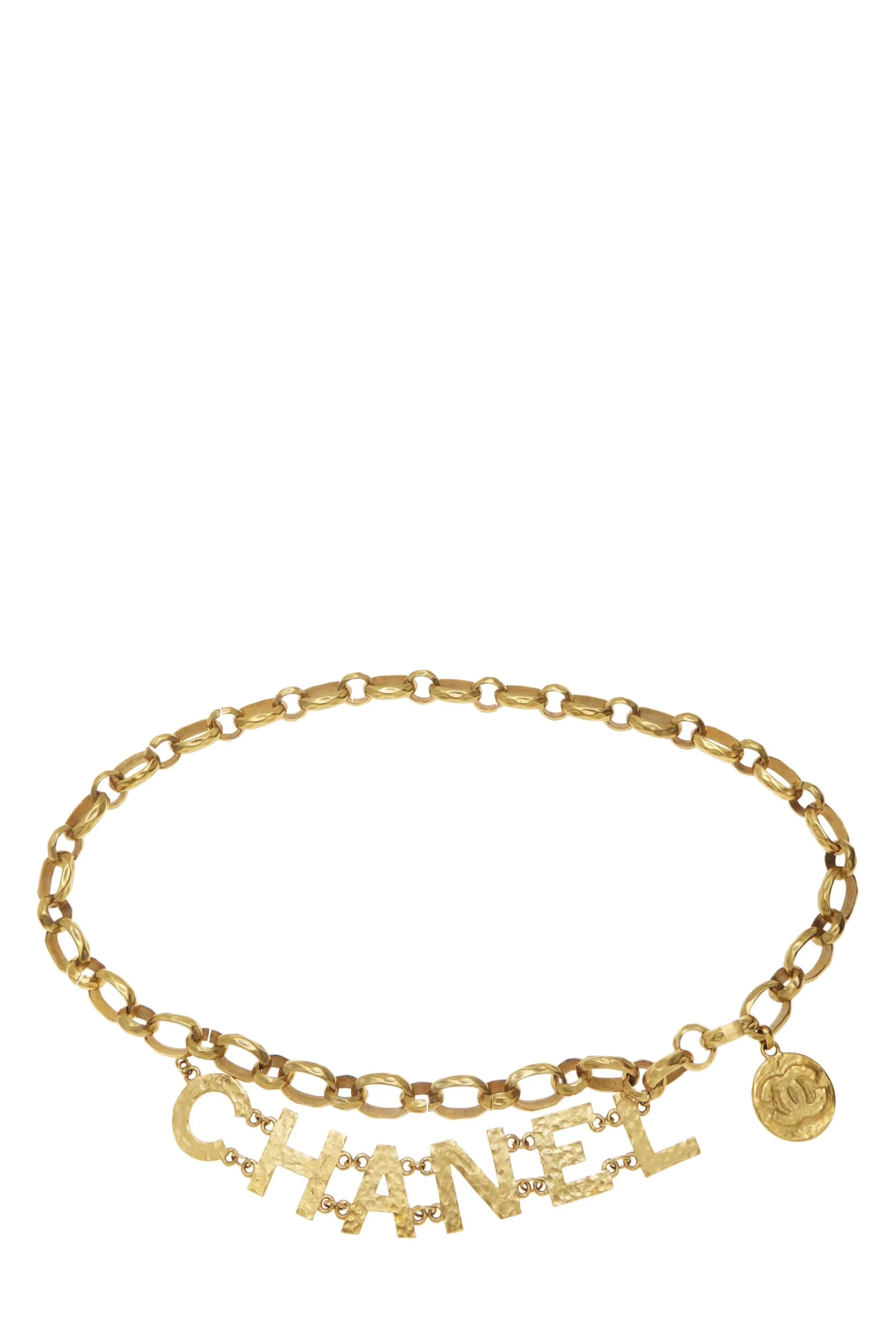 Chanel,  Gold Hammered Logo Chain Belt, Gold
