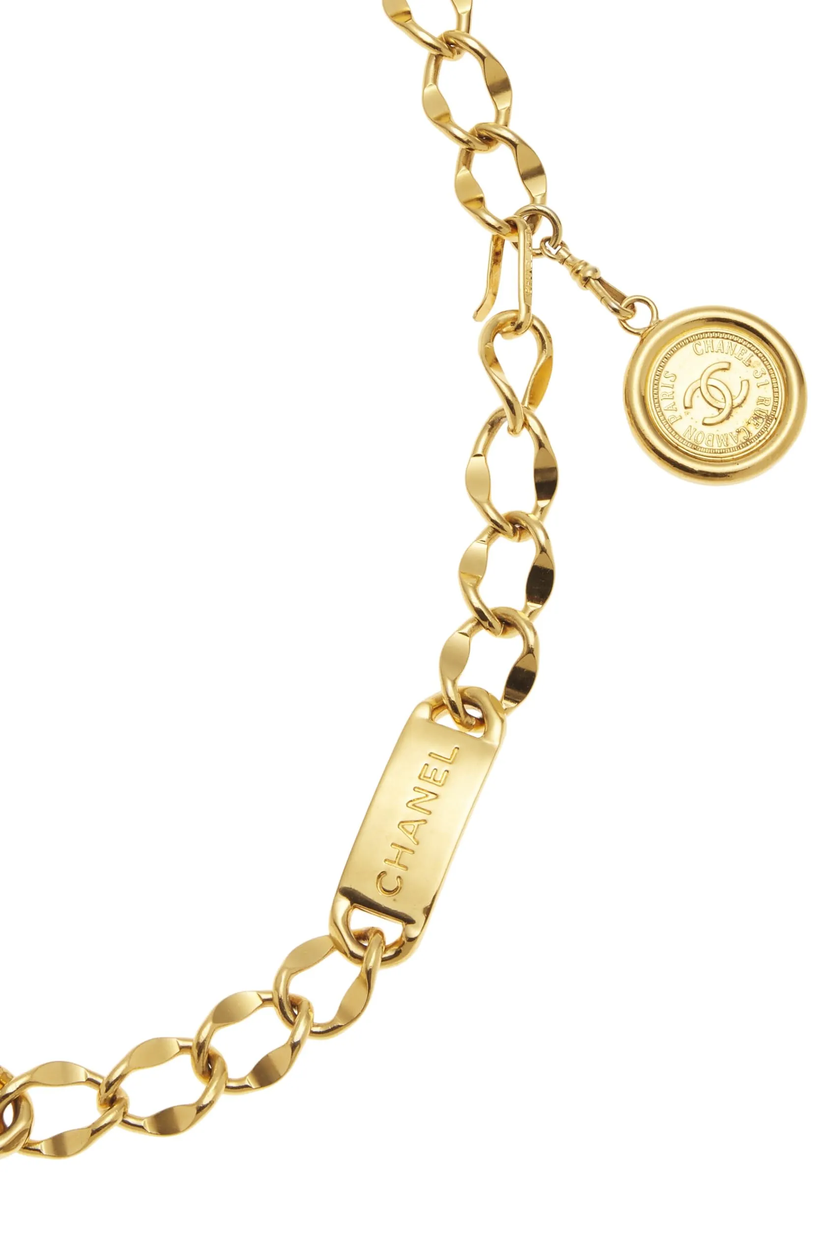 Chanel,  Gold Logo Nameplate Chain Belt, Gold