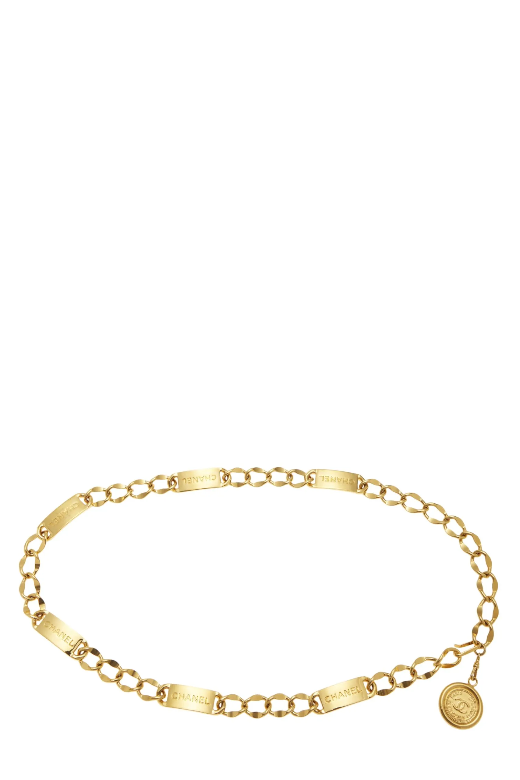 Chanel,  Gold Logo Nameplate Chain Belt, Gold