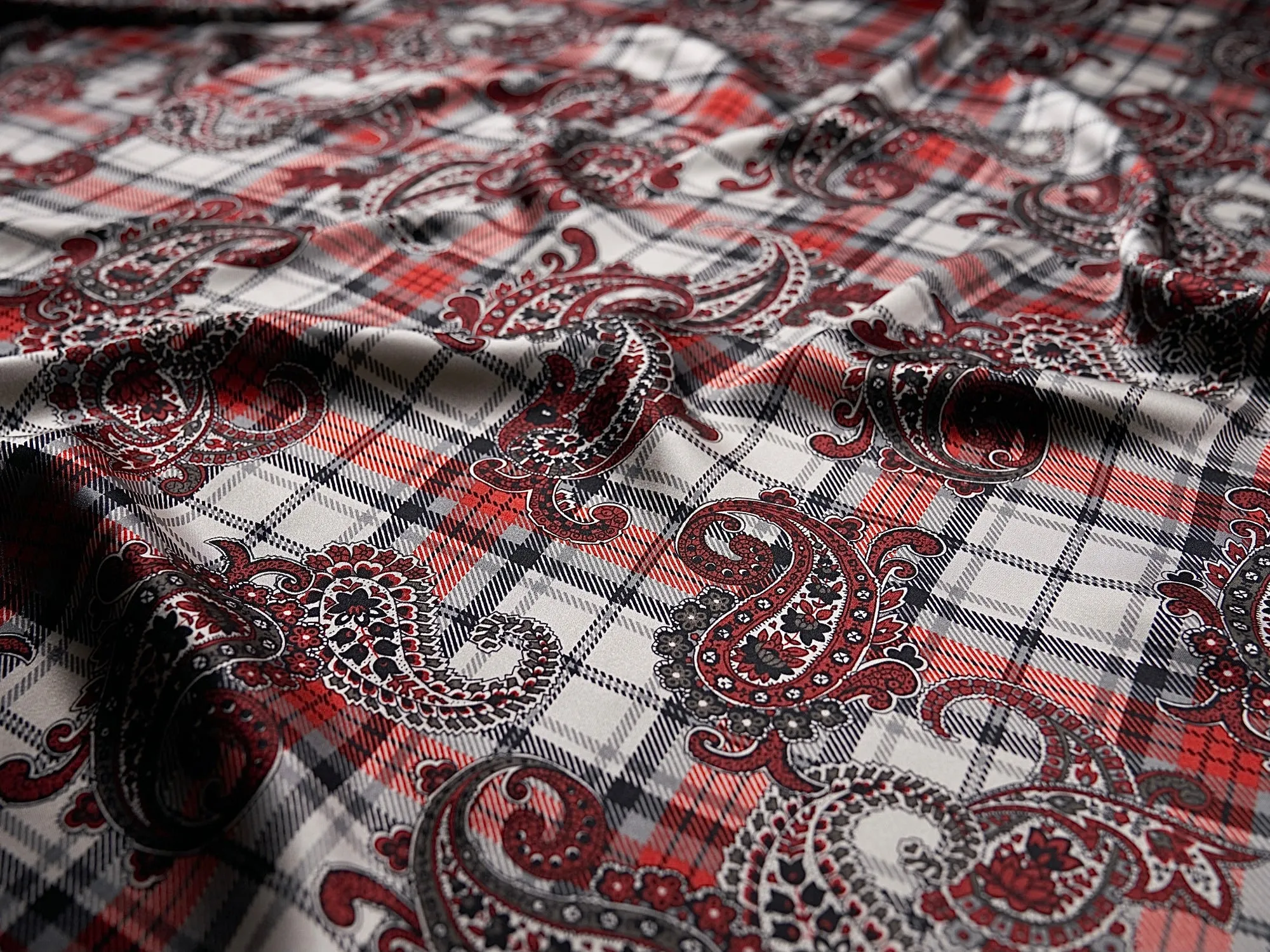 Charmeuse satin fabric by the yard -  Black and red paisley plaid print