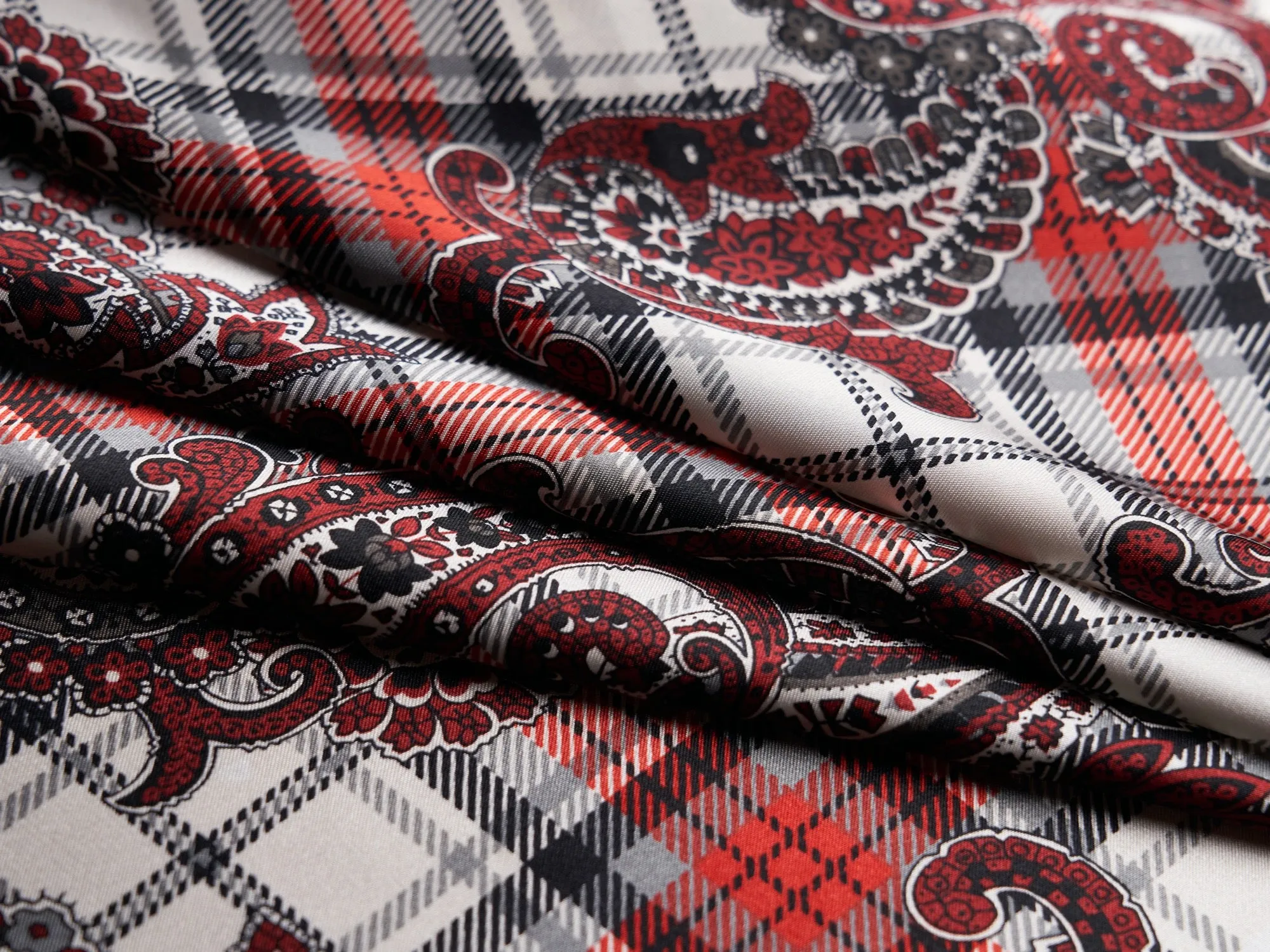 Charmeuse satin fabric by the yard -  Black and red paisley plaid print