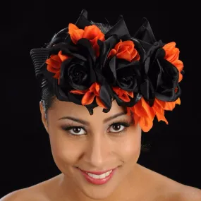 F6003-Black straw with orange and black flowers fascinator