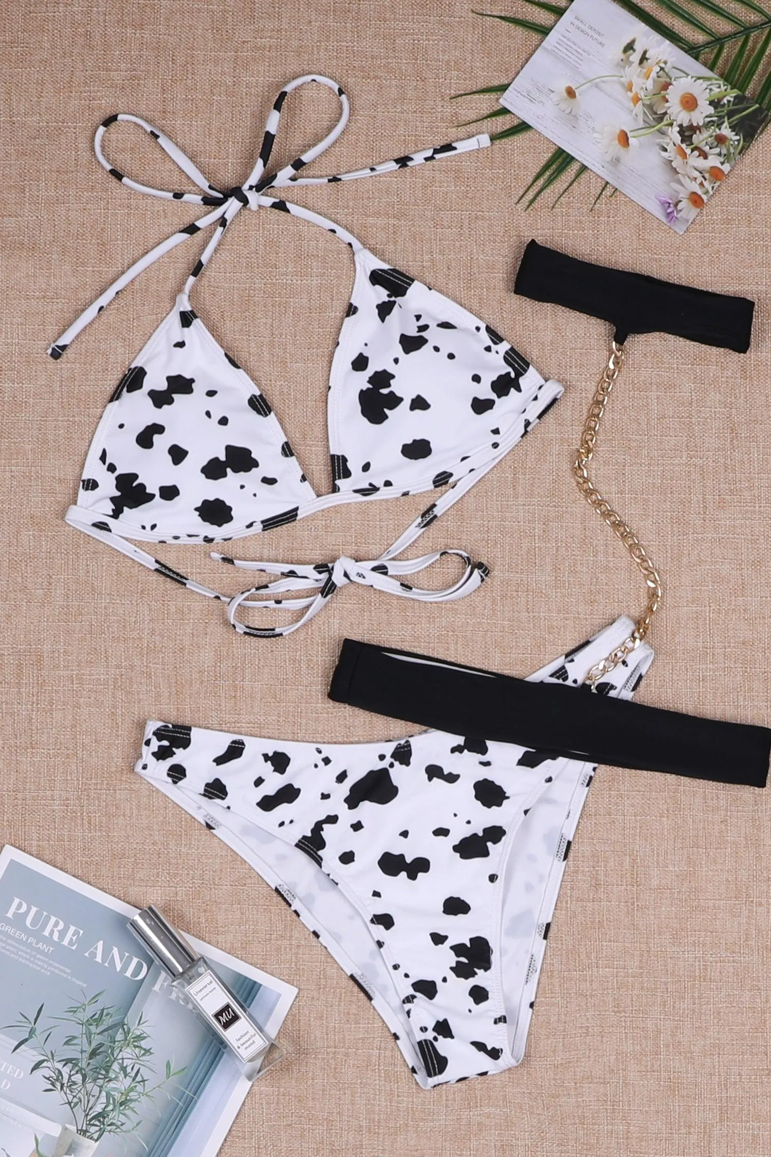 Famous Tiktok Olivia Cow Print Bikini with Belts and Chain 2 Pieces Set