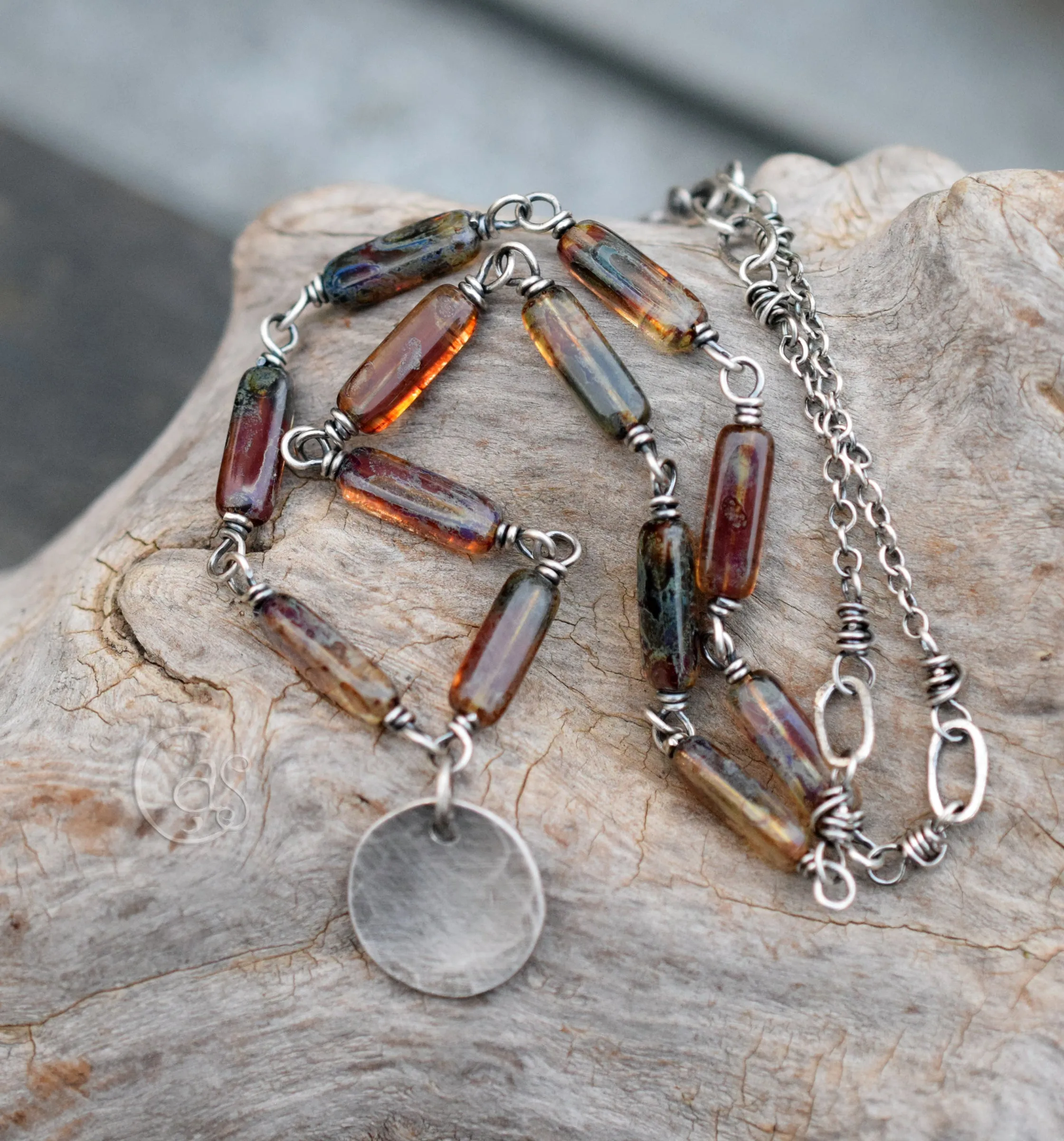 Full Moon Necklace. Earthy Glass and Fine Silver Handcrafted Chain Necklace. Boho-Style Handcrafted Jewelry.