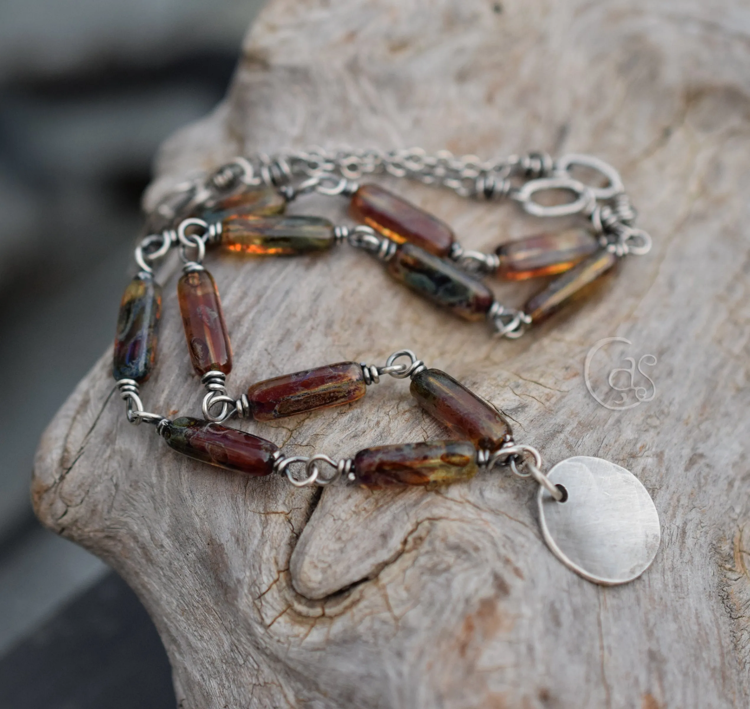 Full Moon Necklace. Earthy Glass and Fine Silver Handcrafted Chain Necklace. Boho-Style Handcrafted Jewelry.