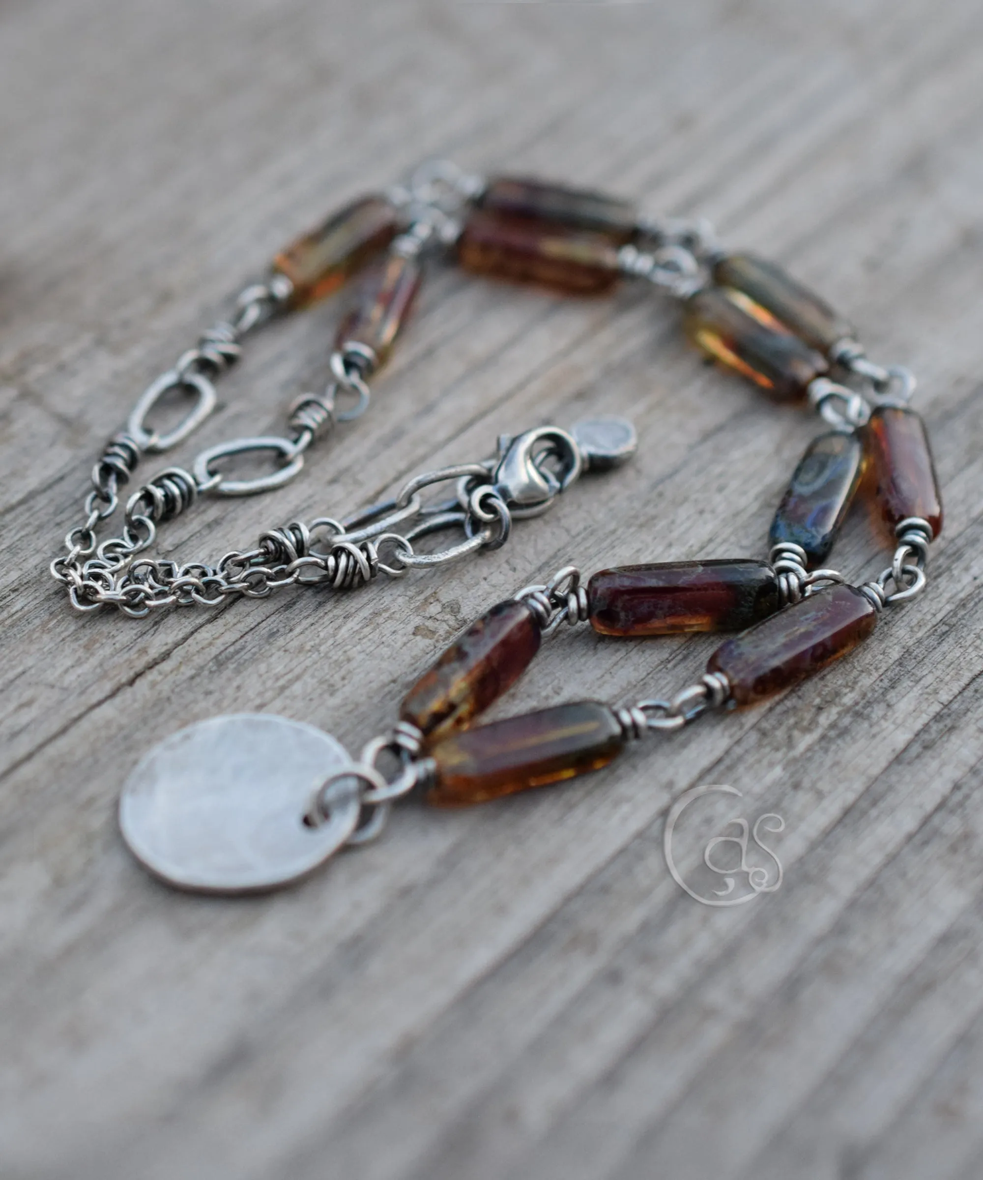Full Moon Necklace. Earthy Glass and Fine Silver Handcrafted Chain Necklace. Boho-Style Handcrafted Jewelry.