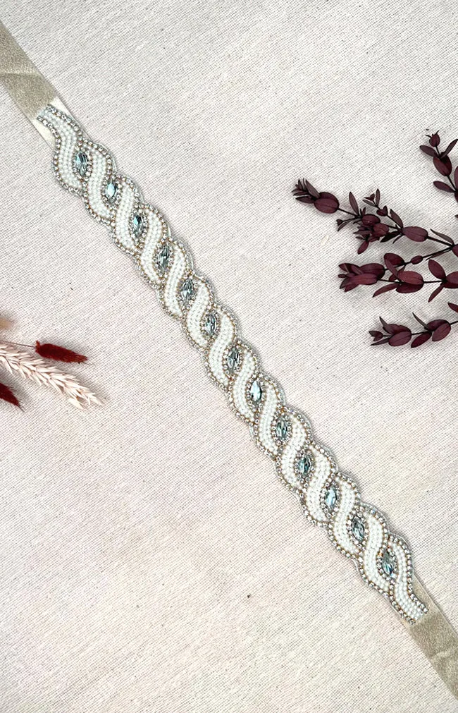 Jaylen Beaded Belt - Ivory with Gold ribbon