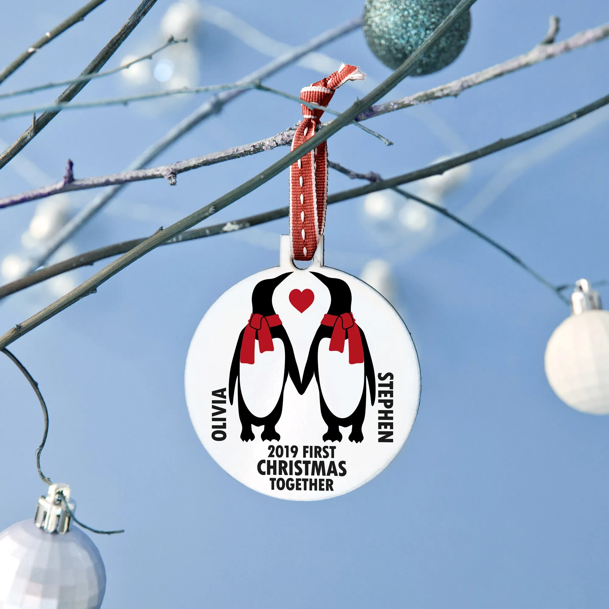 Personalised 'Our First Christmas' Penguin Bauble